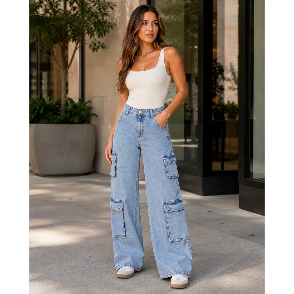American Bazi Wide Leg Cargo Jeans Womens 28x29 Medium Light Wash High Rise